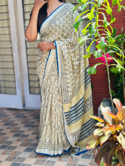 EXP - Kanmani White with blue linen saree