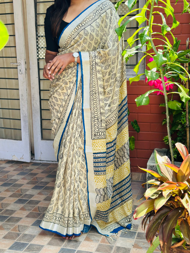EXP - Kanmani White with blue linen saree