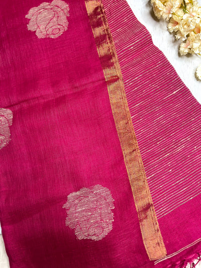 Handwoven Linen Saree - Rose Pink + Zari