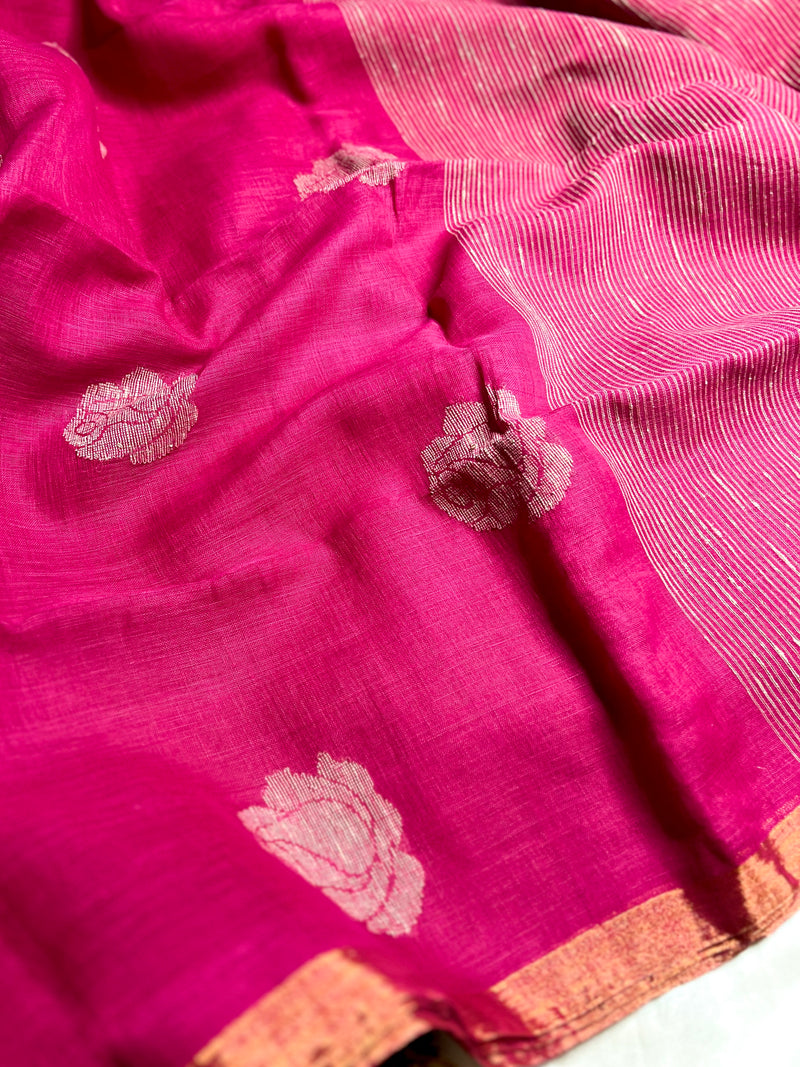 Handwoven Linen Saree - Rose Pink + Zari