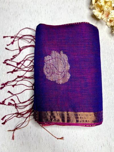 Handwoven Linen Saree - Disco Violet + Zari