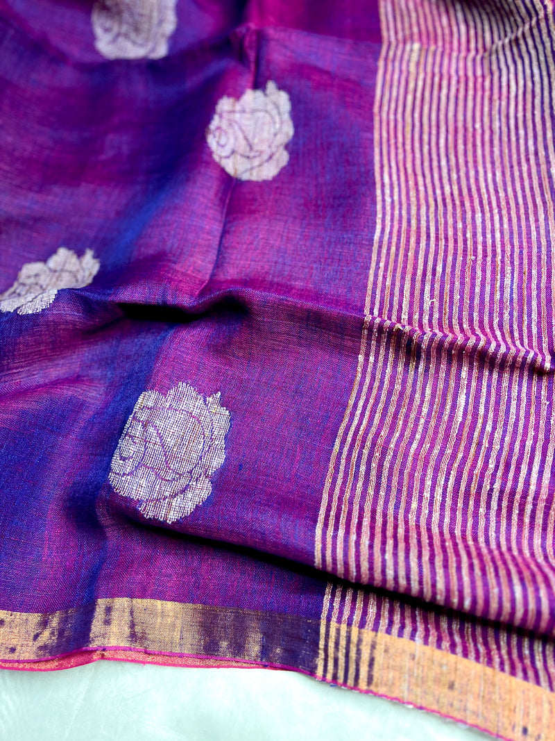 Handwoven Linen Saree - Disco Violet + Zari