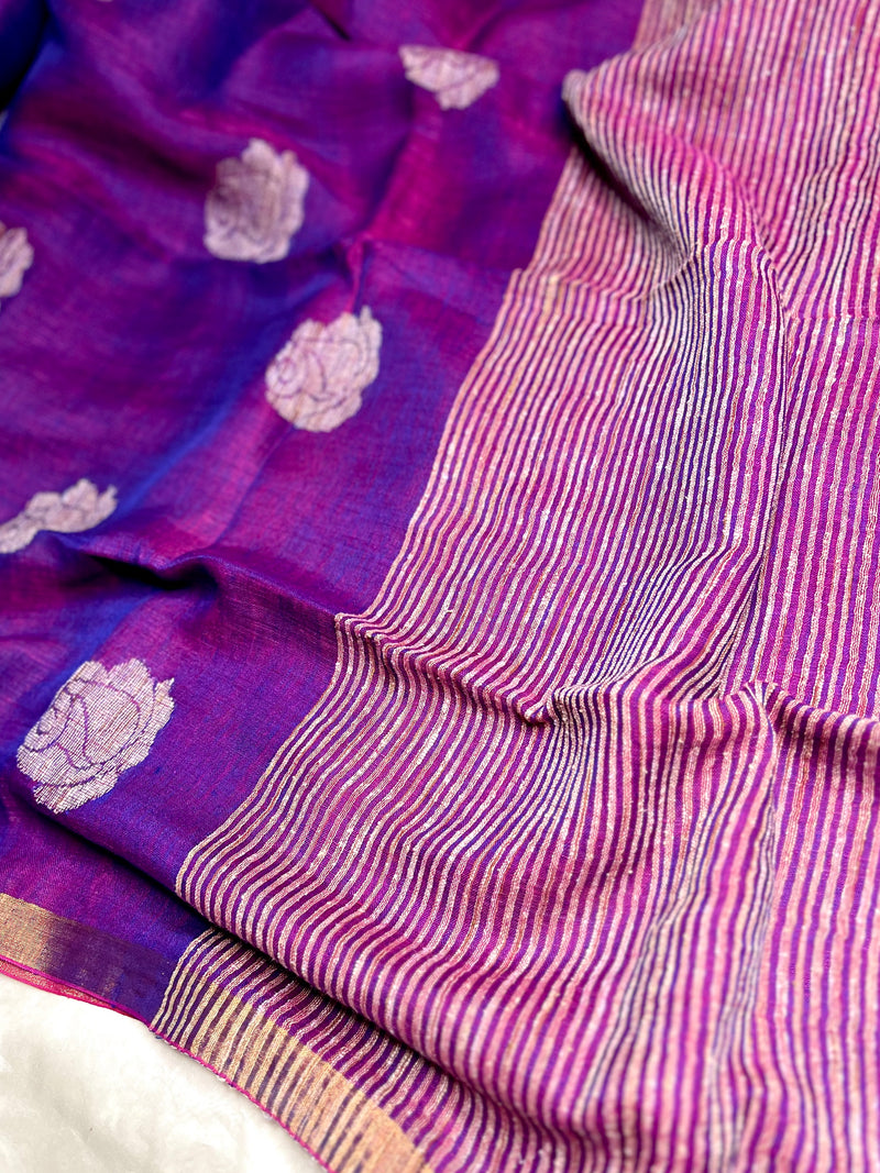 Handwoven Linen Saree - Disco Violet + Zari