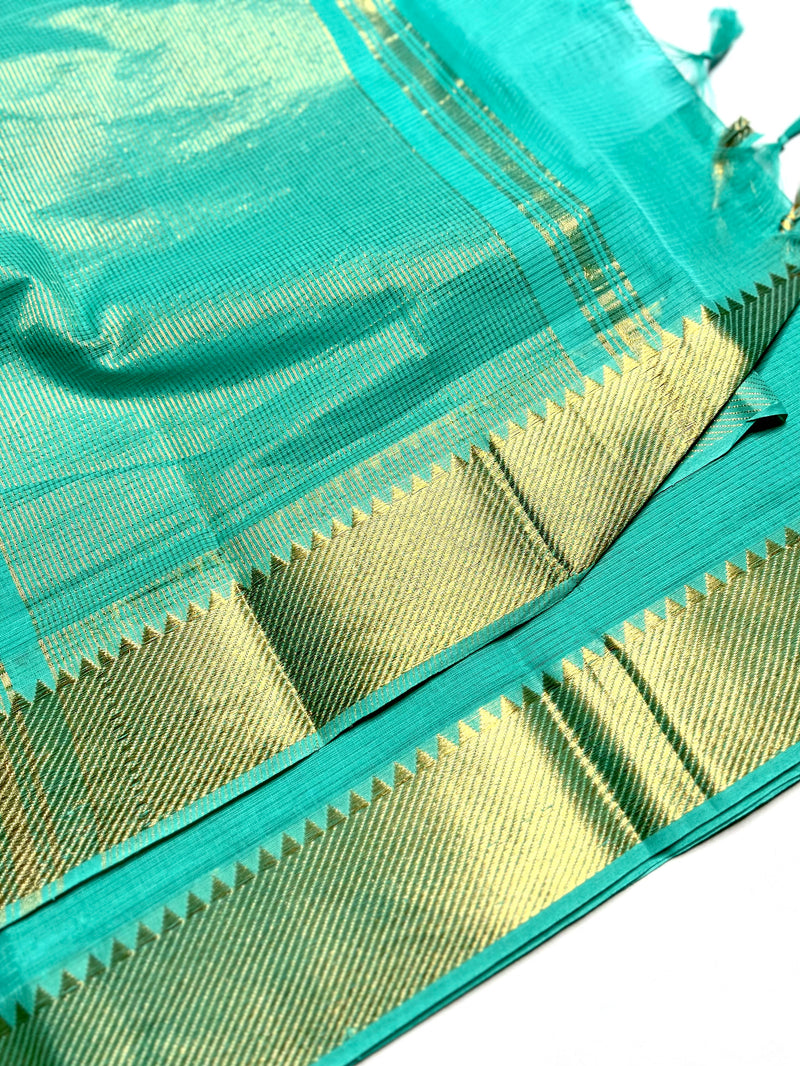 Handwoven Mangalgiri Cotton Saree - Bright Turquoise + Gold