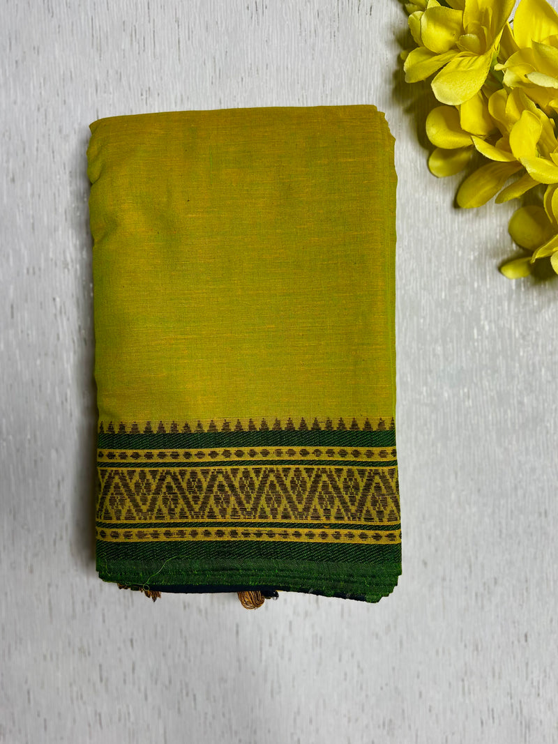 Handwoven Cotton Saree - Lime Green + Thatch Green