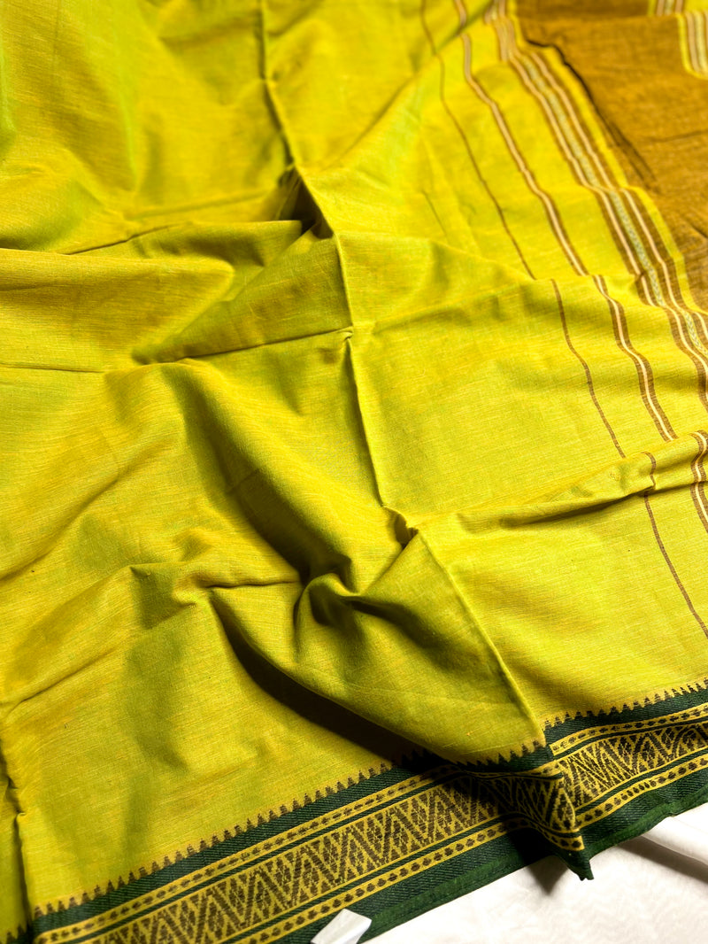 Handwoven Cotton Saree - Lime Green + Thatch Green