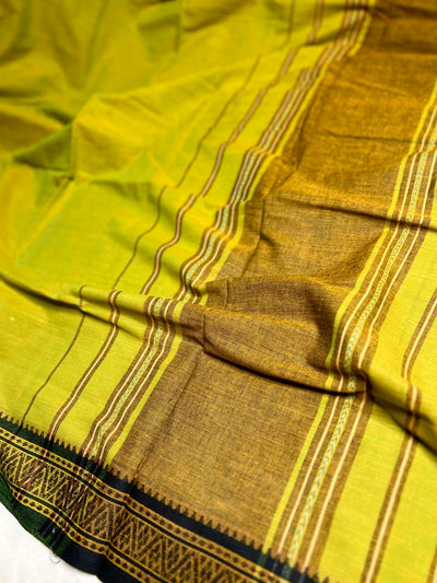 Handwoven Cotton Saree - Lime Green + Thatch Green