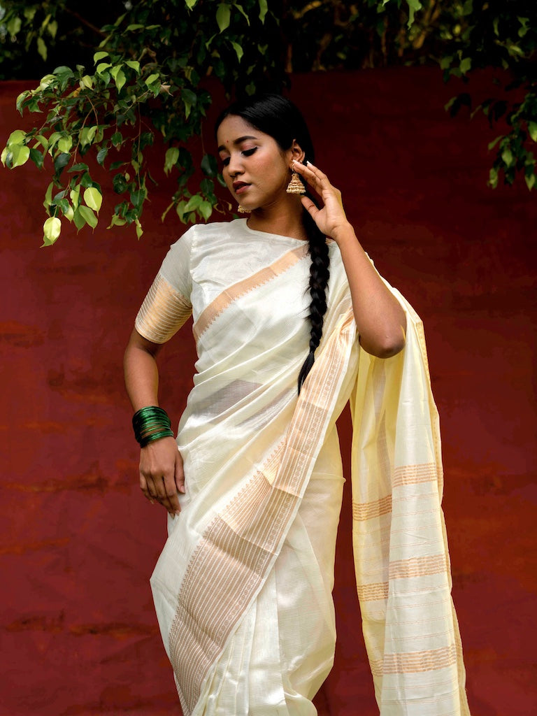 EXP - Maya - Handwoven silk cotton saree - Ivory & Gold