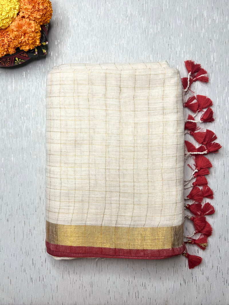 Handwoven Linen Saree - Cream White + Gold Zari