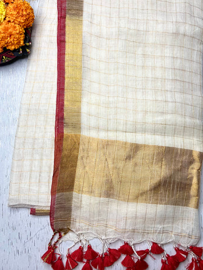 Handwoven Linen Saree - Cream White + Gold Zari