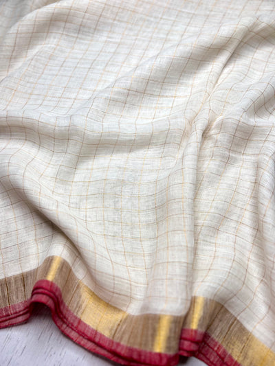 Handwoven Linen Saree - Cream White + Gold Zari