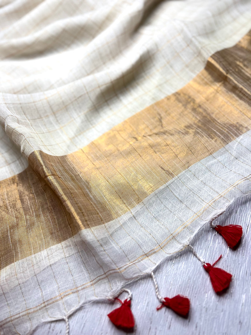 Handwoven Linen Saree - Cream White + Gold Zari