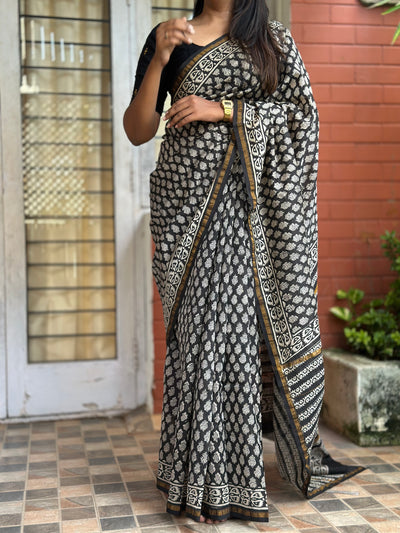 EXP - Kanmani Black Handblock printed Chanderi saree