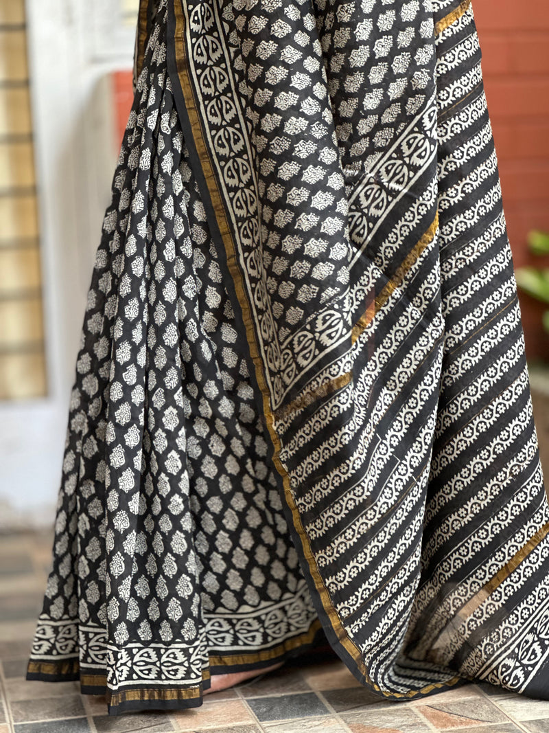 EXP - Kanmani Black Handblock printed Chanderi saree