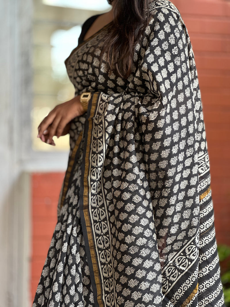 EXP - Kanmani Black Handblock printed Chanderi saree
