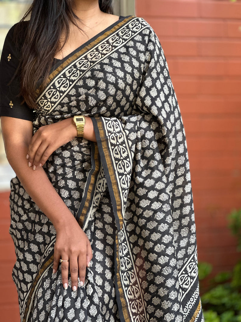 EXP - Kanmani Black Handblock printed Chanderi saree