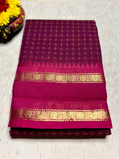 Chettinad Cotton Saree - Red Violet + Golden Grass