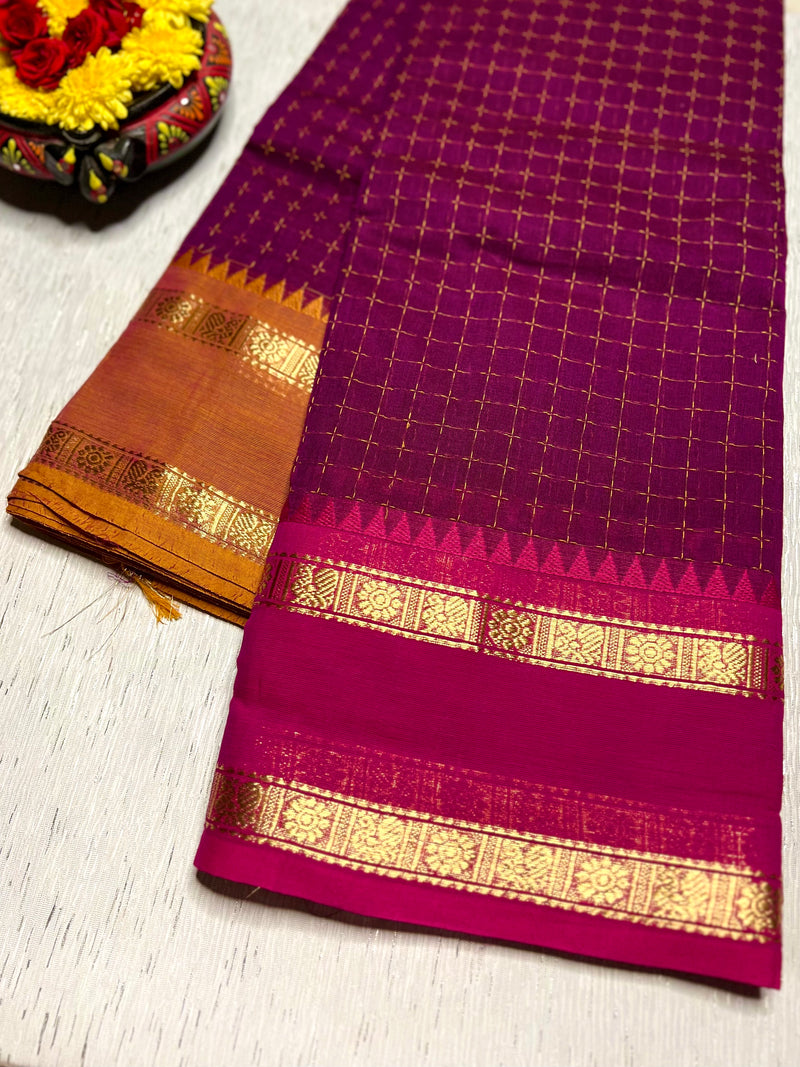 Chettinad Cotton Saree - Red Violet + Golden Grass