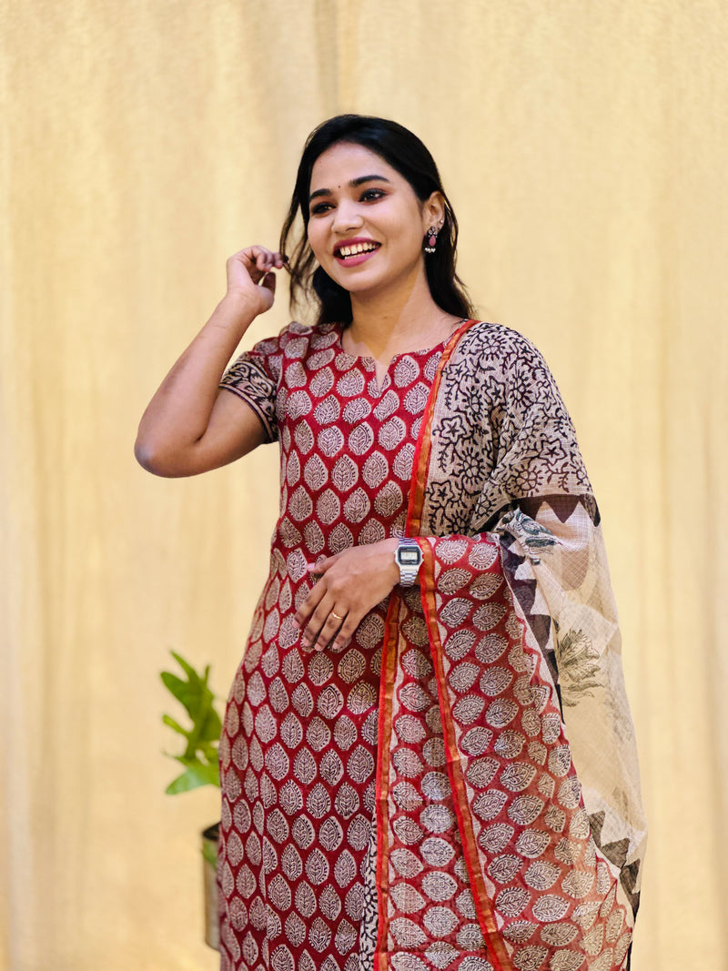Kanmani -  Maroonish Red Kota Doria Suit set