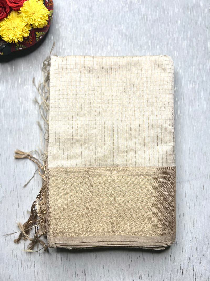 Handwoven Silk Cotton Saree - Soft Cream + Gold