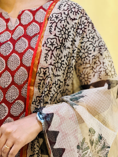 Kanmani -  Maroonish Red Kota Doria Suit set