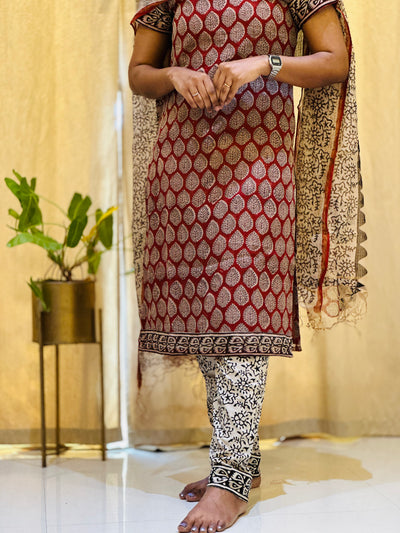 Kanmani -  Maroonish Red Kota Doria Suit set