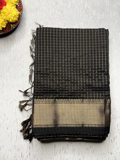 Handwoven Silk Cotton Saree - Baltic Black + Gold