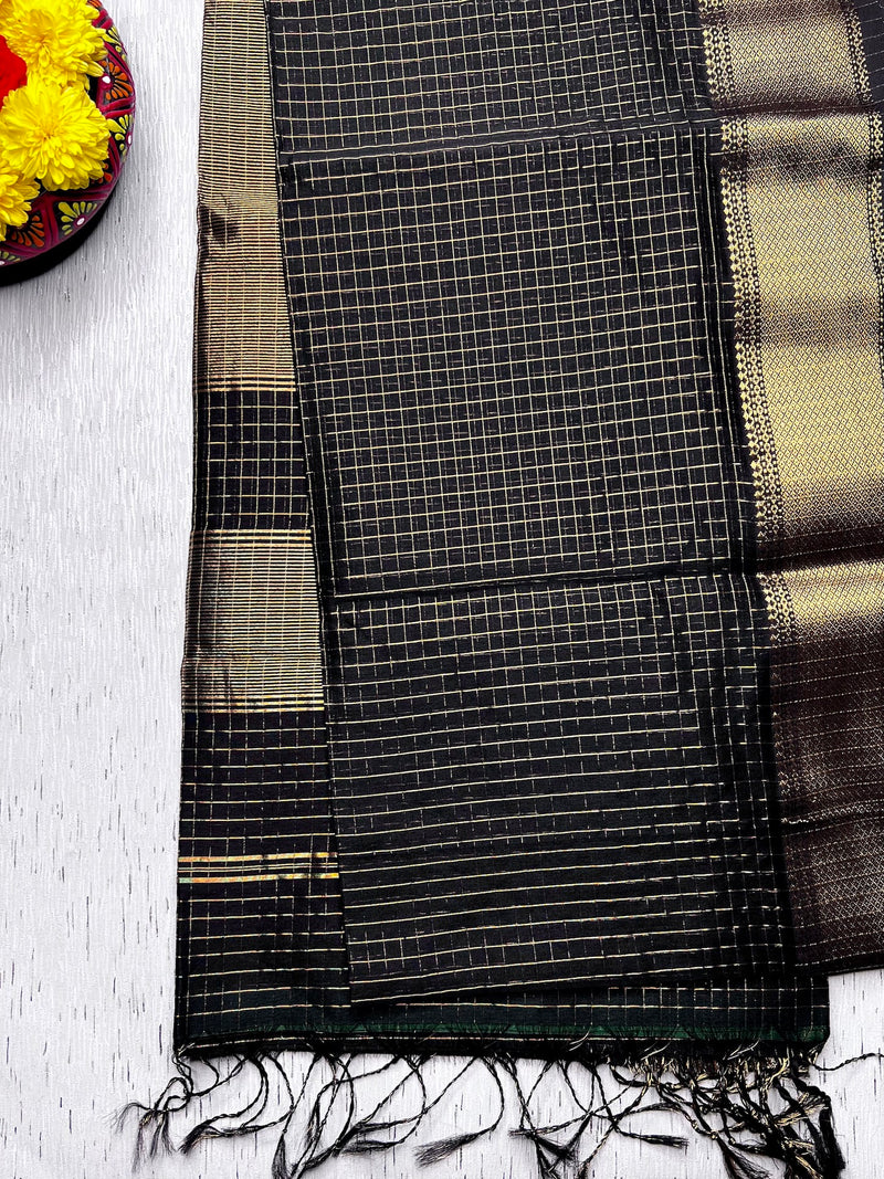 Handwoven Silk Cotton Saree - Baltic Black + Gold