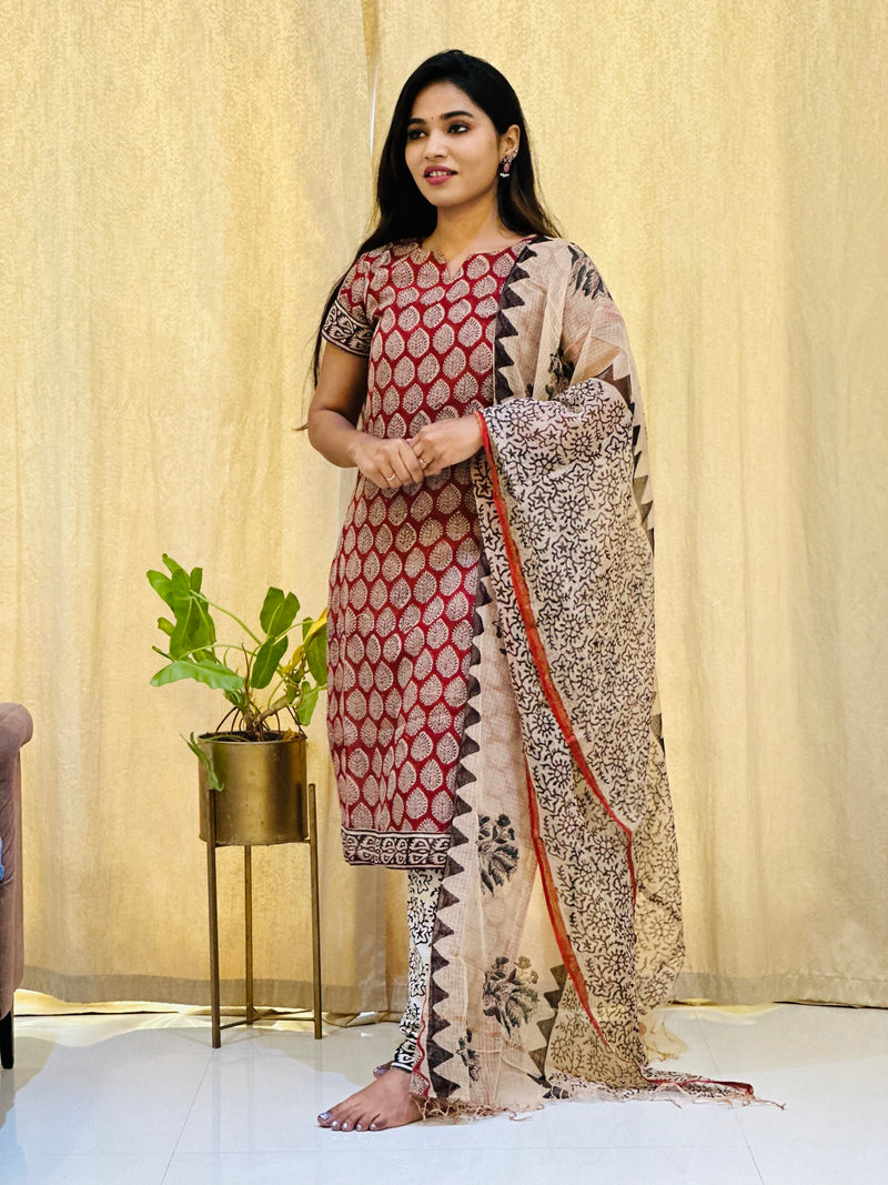 Kanmani -  Maroonish Red Kota Doria Suit set