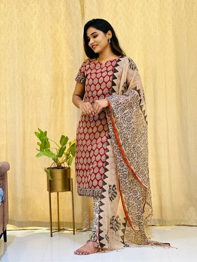 Kanmani -  Maroonish Red Kota Doria Suit set