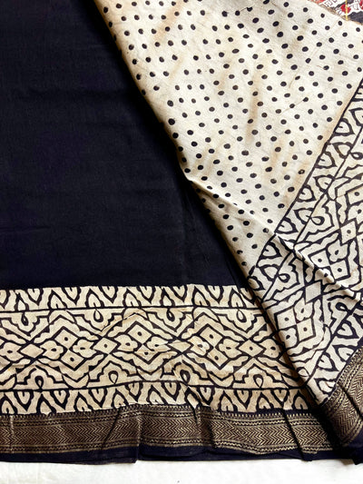 Handblock Printed Silk Cotton Saree - Thunder Black + Pearl White