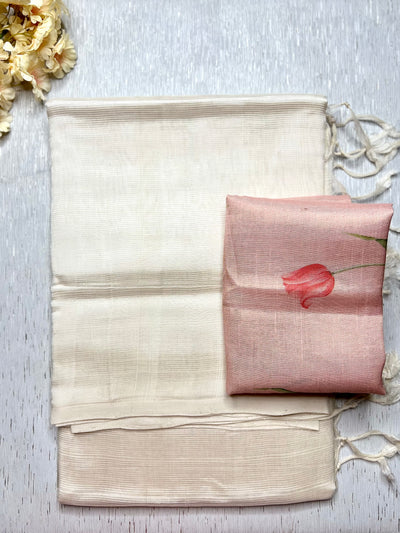 Handwoven silk cotton saree - Ivory + Silk Peach Tissue