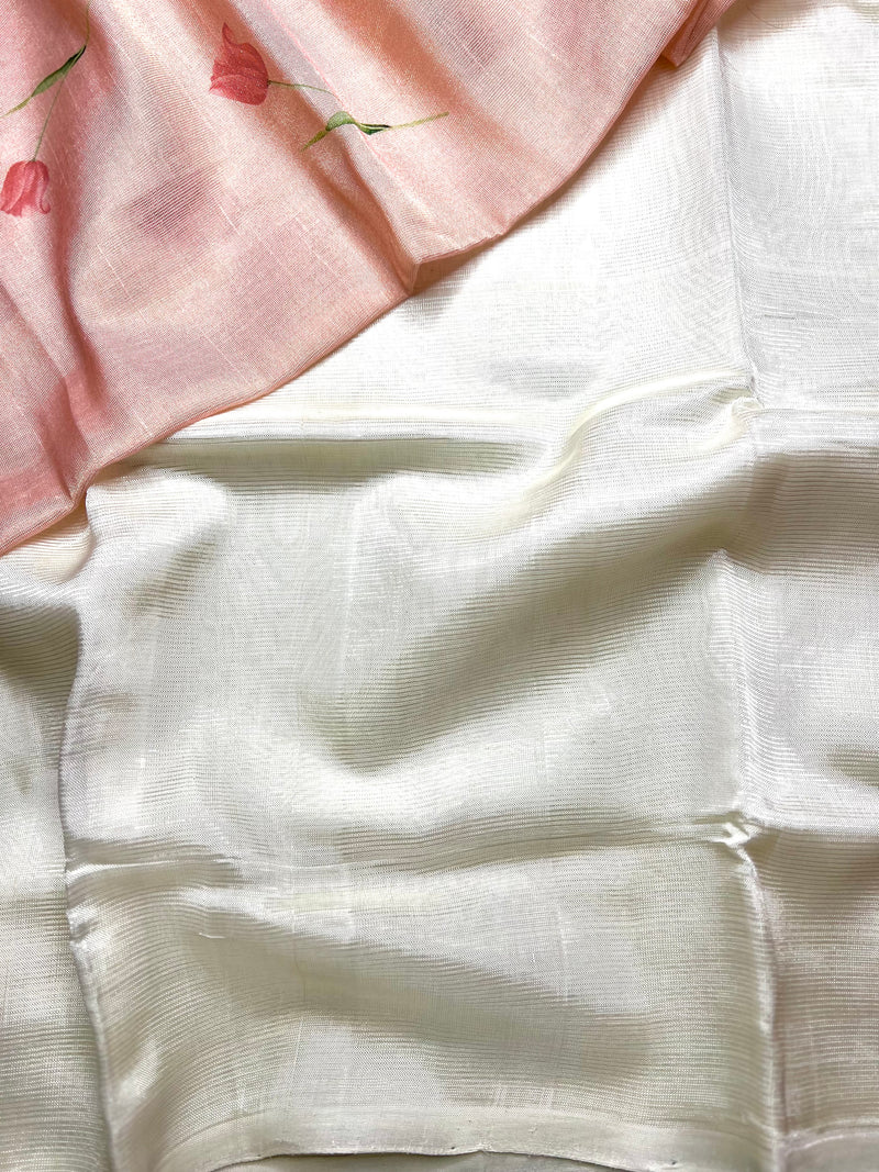 Handwoven silk cotton saree - Ivory + Silk Peach Tissue