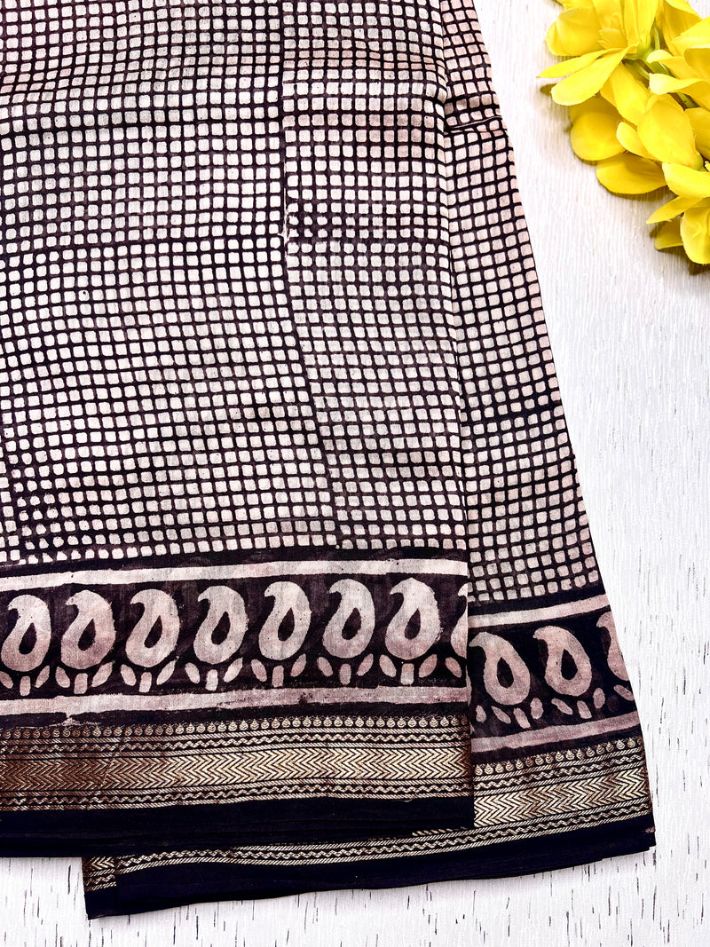 Handblock Printed Silk Cotton Saree - Cloud White + Brick Red