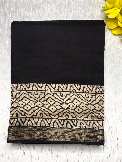 Handblock Printed Silk Cotton Saree - Thunder Black + Pearl White