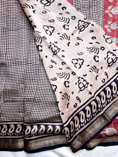 Handblock Printed Silk Cotton Saree - Cloud White + Brick Red