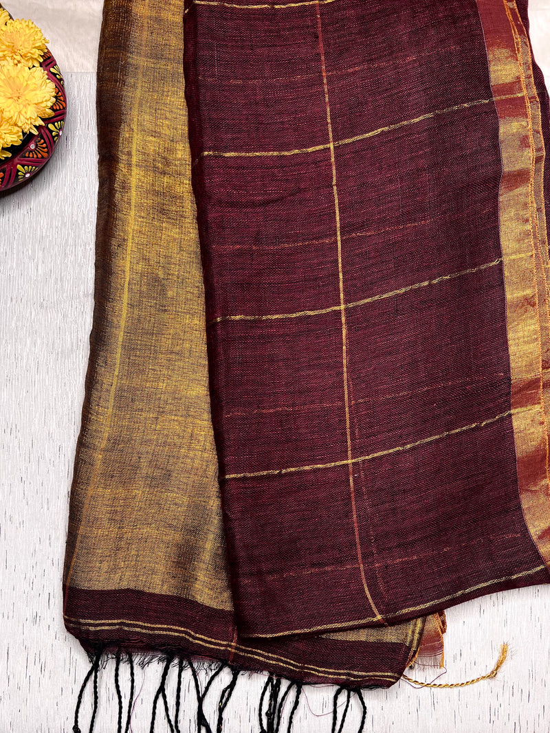 Handwoven Linen Saree - Cocoa Brown + Golden Zari