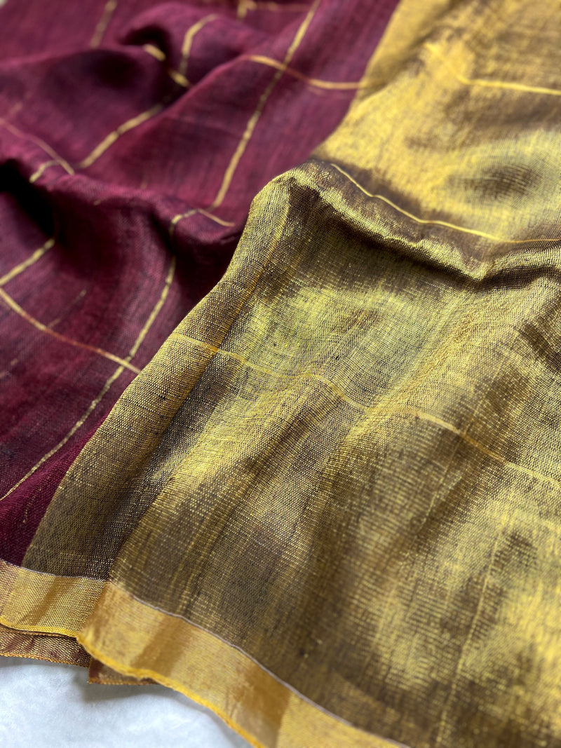 Handwoven Linen Saree - Cocoa Brown + Golden Zari