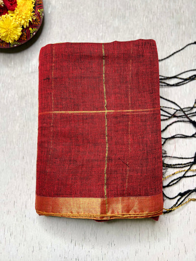 Handwoven Linen Saree - Mexican Red + Golden Zari