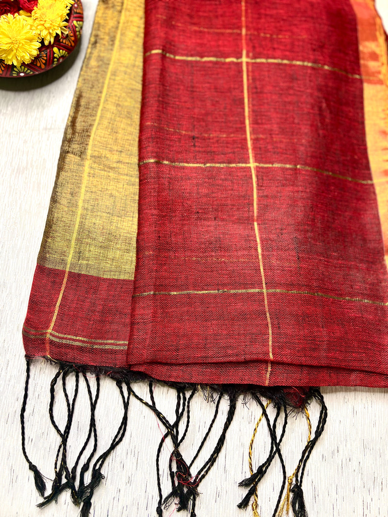 Handwoven Linen Saree - Mexican Red + Golden Zari