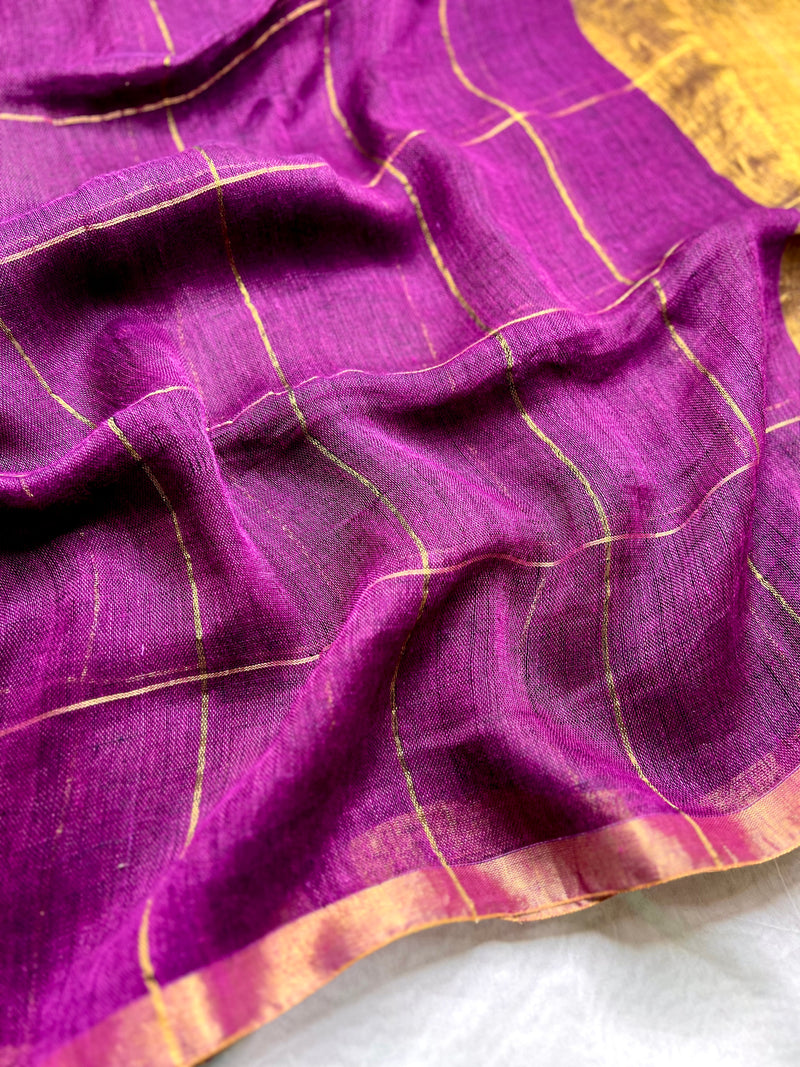 Handwoven Linen Saree - Cosmic Violet + Golden Zari