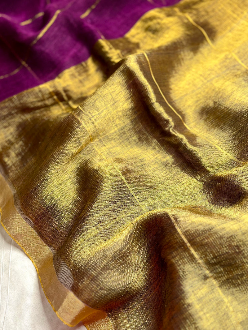 Handwoven Linen Saree - Cosmic Violet + Golden Zari