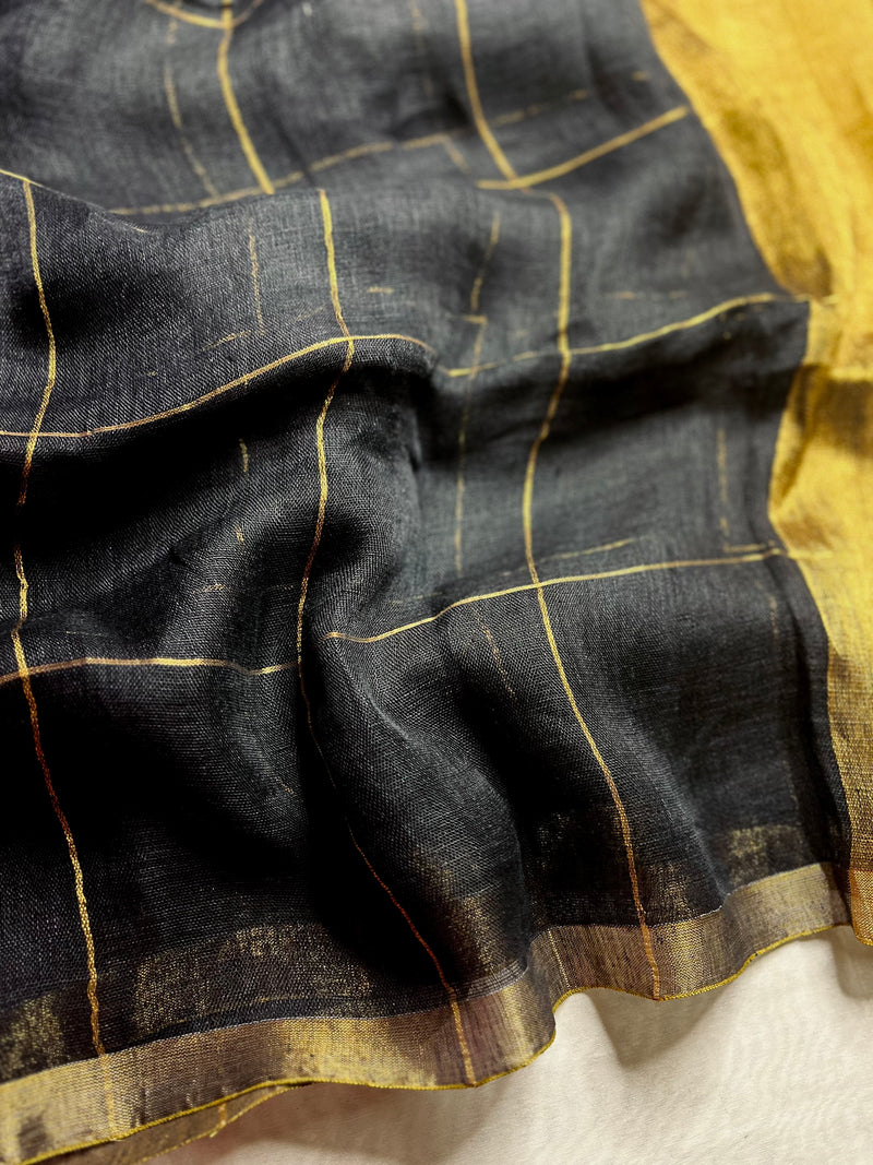 Handwoven Linen Saree - Black + Golden Zari