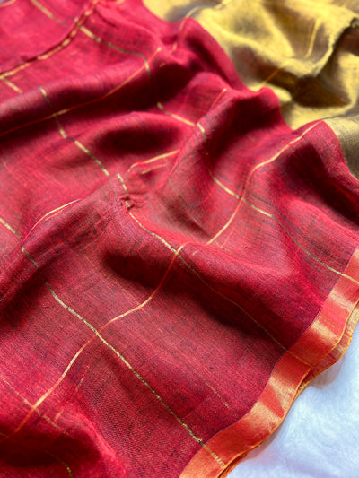 Handwoven Linen Saree - Mexican Red + Golden Zari