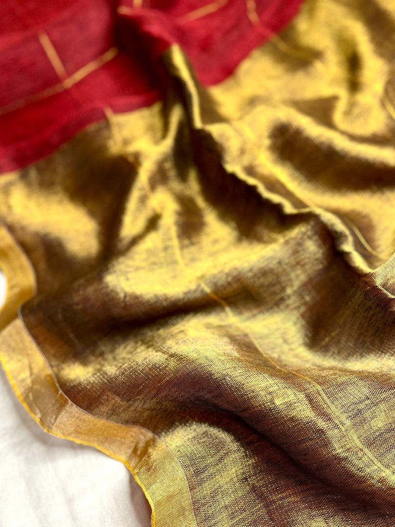 Handwoven Linen Saree - Mexican Red + Golden Zari