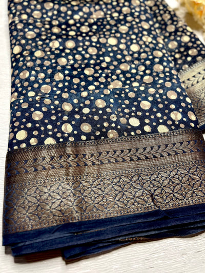 Handblock Printed Chanderi Silk Saree - Indigo Stone + Pearl