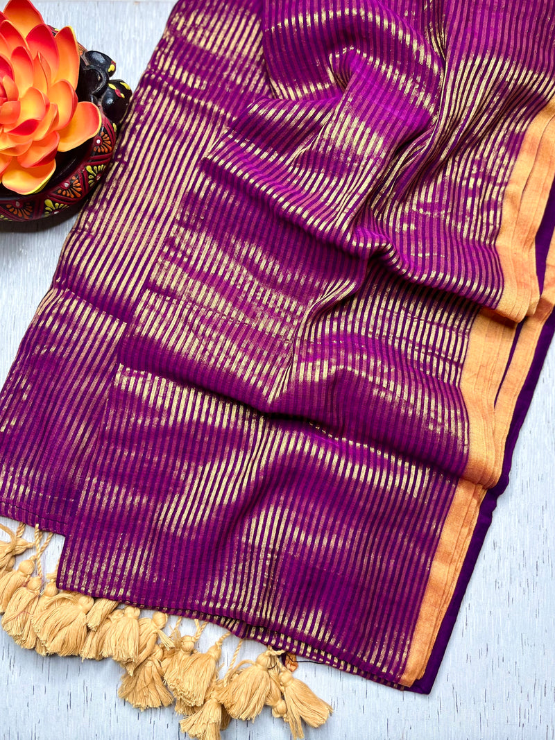 Handwoven Cotton Saree -  Electric Purple + Gold