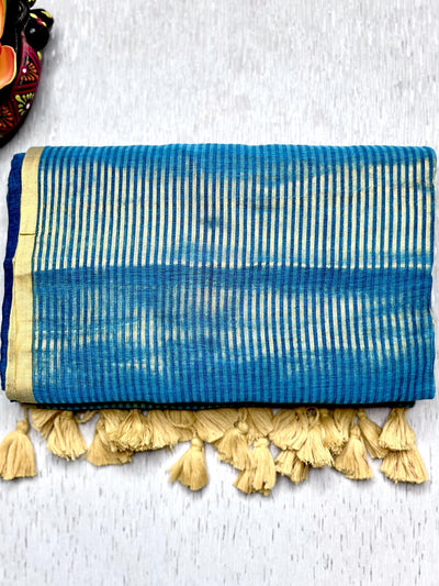 Handwoven Cotton Saree -  Teal Blue + Gold