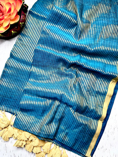 Handwoven Cotton Saree -  Teal Blue + Gold