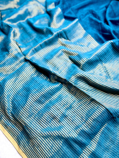 Handwoven Cotton Saree -  Teal Blue + Gold